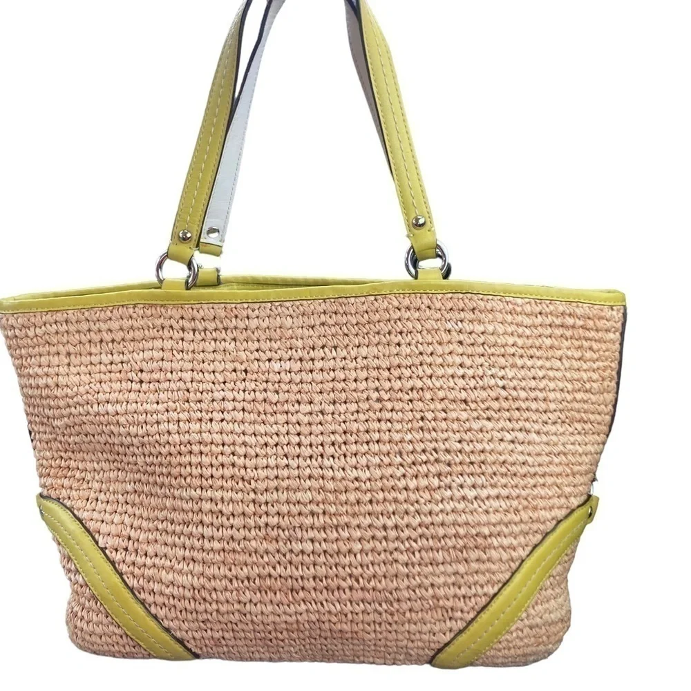 Coach vintage y2k 22904 green leather and wicker Raffia Straw Turnlock Tote Bag